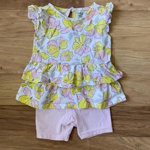 Springtime outfit. Stretch shorts and ruffle top